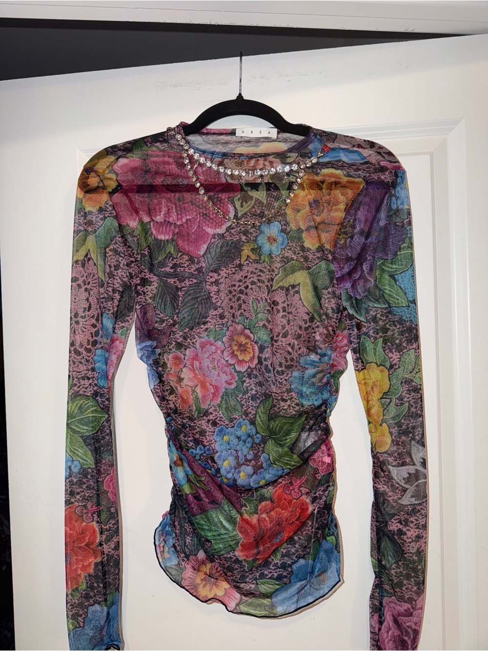 AREA Multicolor Floral Mesh Long Sleeve Top with Jewel Neckline